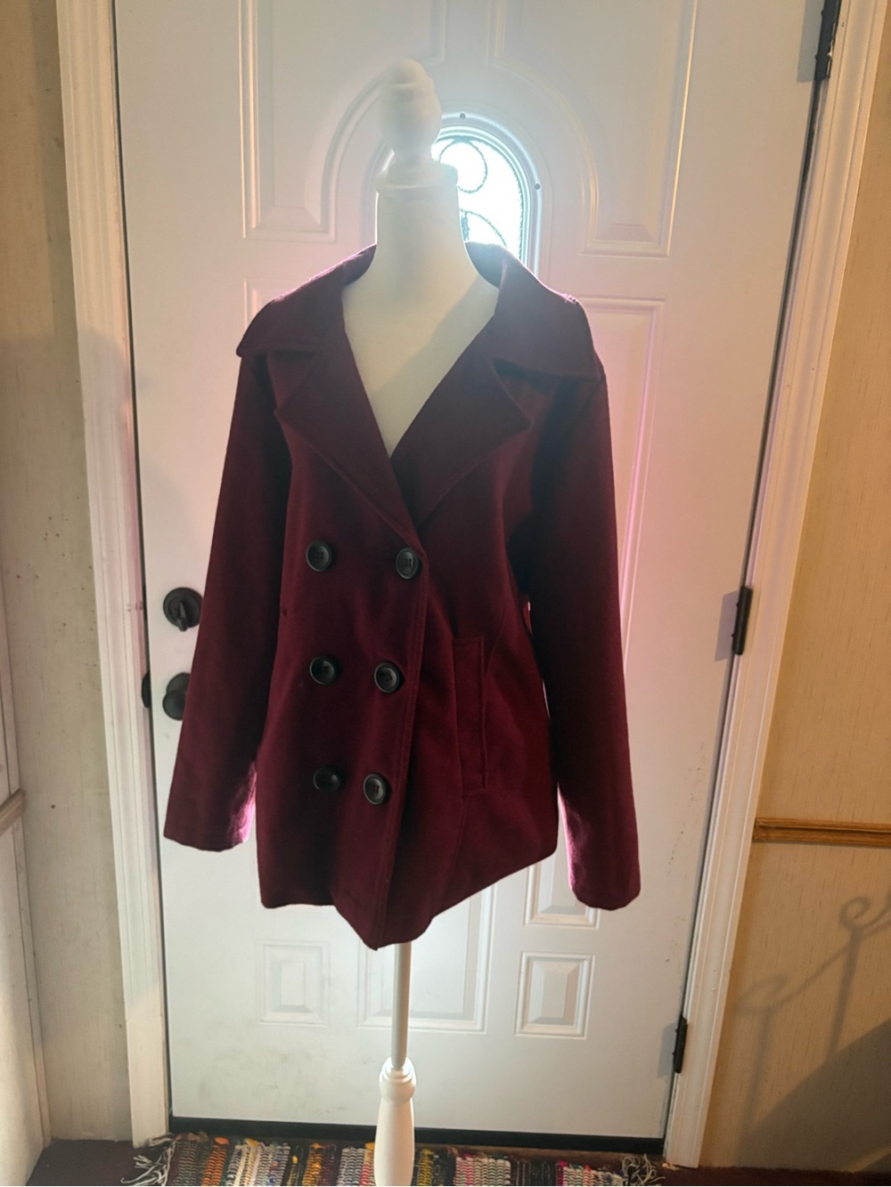 Double-Breasted Peacoat Jacket - Burgundy